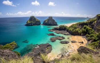 The view of Two Brothers Rock. Fernando de Noronha, Pernambuco, Brazil.