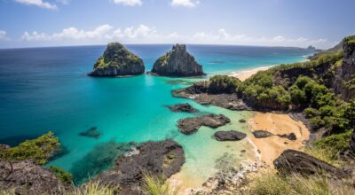 The view of Two Brothers Rock. Fernando de Noronha, Pernambuco, Brazil.